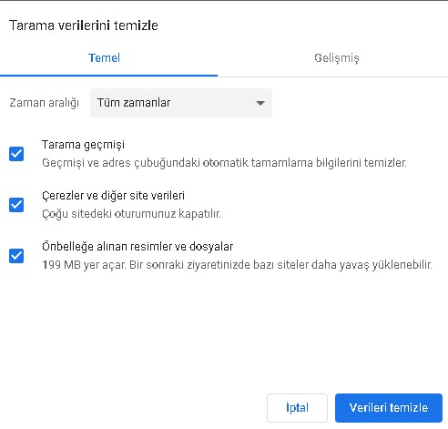 chrome çerezleri silme
