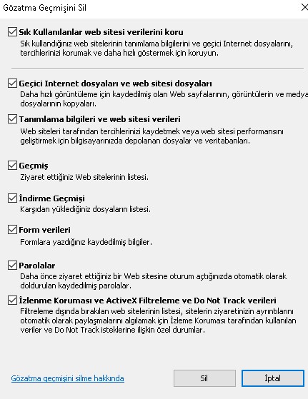 internet explorer çerez silme