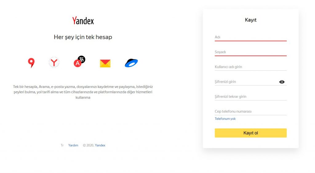 yandex mail kayıt