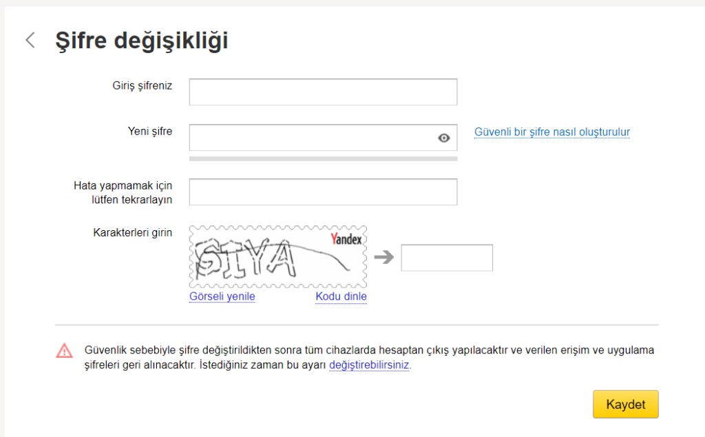 Yandex Mail Şifre Değiştirme