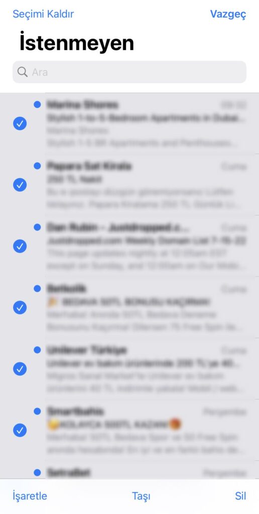 iphone önemsiz postaları silme