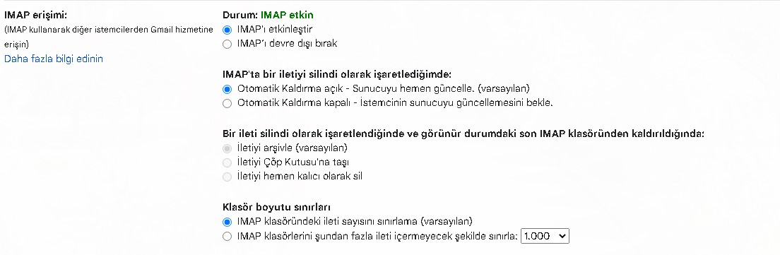 gmail imap ayarları etkinleştirme