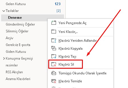 outlook klasör silme