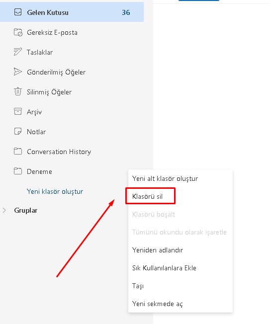 outlook web klasör silme